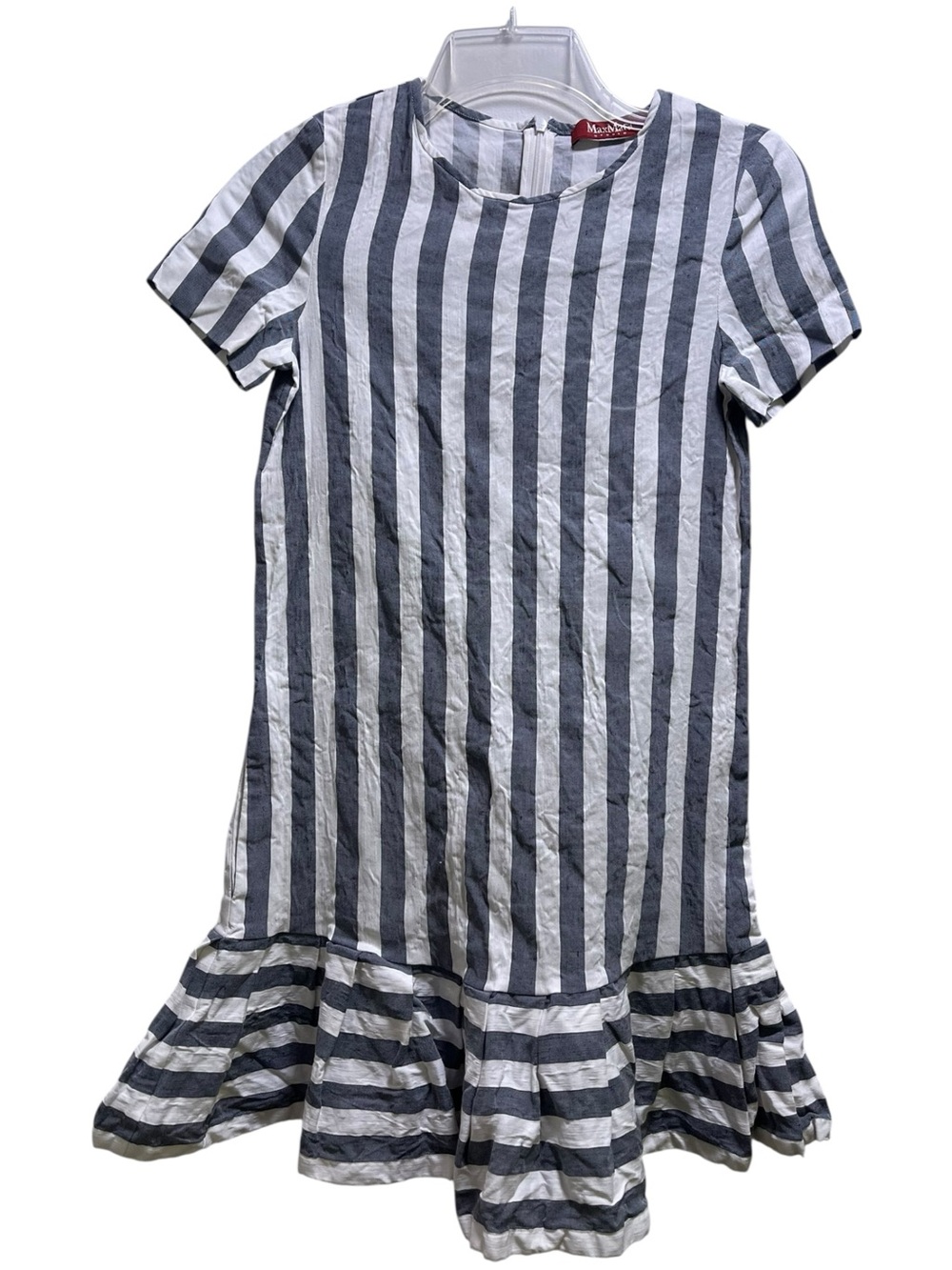 MAXMARA Studio Navy & White Striped Short-Sleeve Ruffle Hem Dress Linen Blend XS